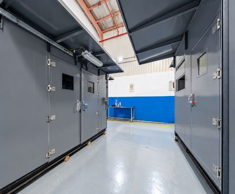 Completed analyzer shelters lined up in the AIC fabrication workshop