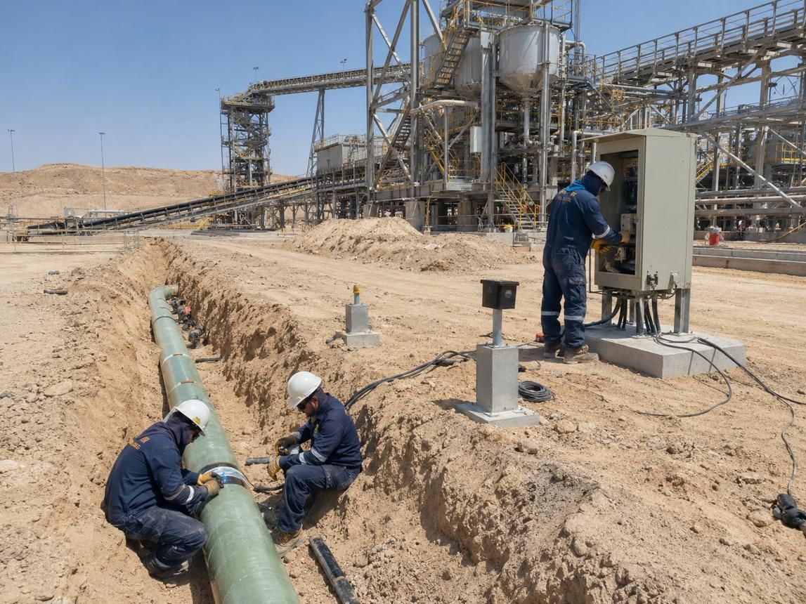 Field crew working on a buried pipeline beside a cathodic protection cabinet