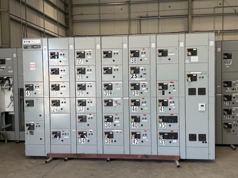 Line-up of motor control centre panels ready for factory acceptance testing