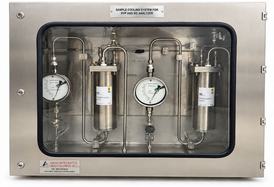 Stainless steel sample cooler enclosure with pressure gauges and filters